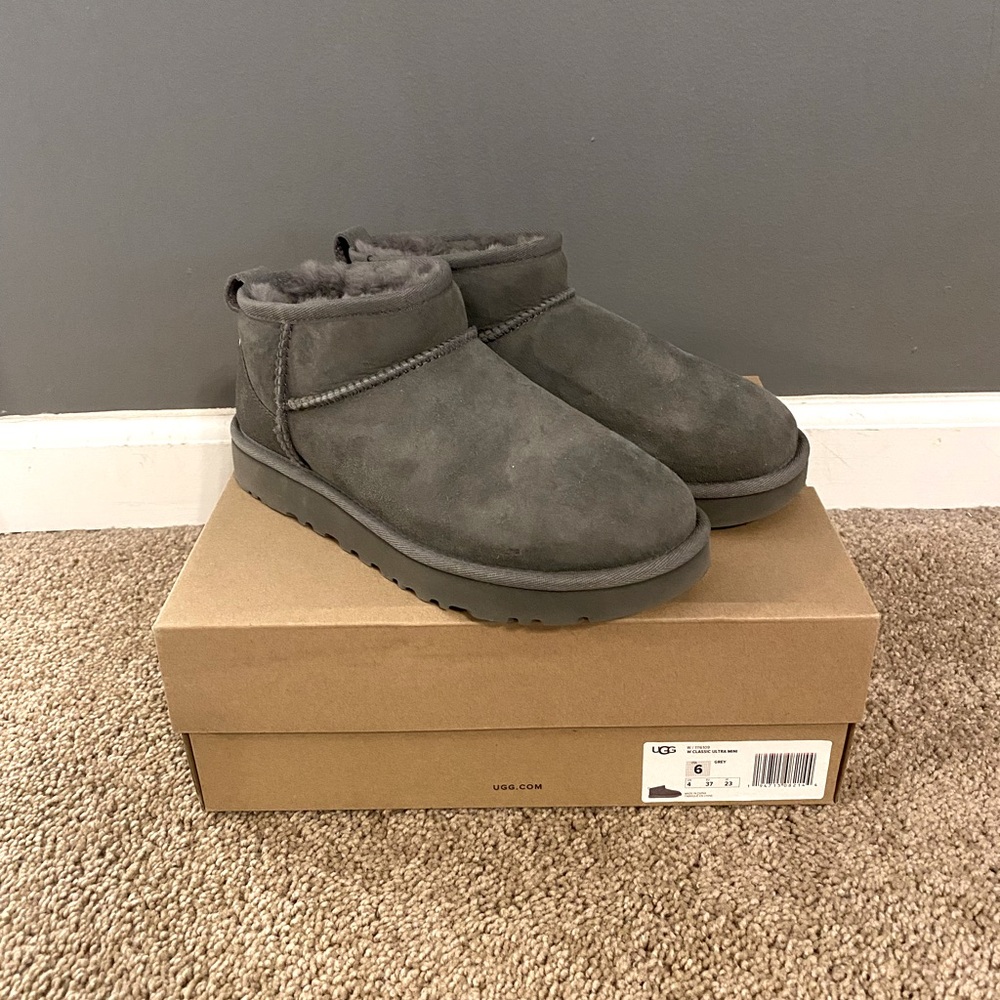 Gray ultra mini Uggs.